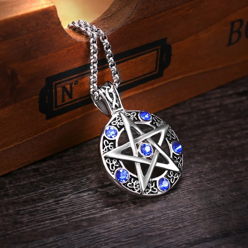 Pentagram Round Hollow Pendant Necklace Couple Men's Women's Necklace Blue Stone Inlaid Viking Rune Accessories Party Jewelry