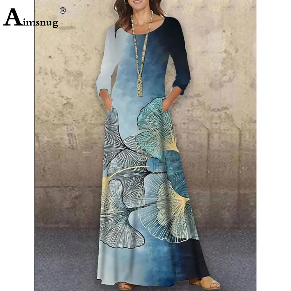 Aimsnug 2025 New Spring Boho Flower Print Dresses Women Long-sleeved Maxi Dress Oversized 3XL Ladies Vintage A-Line Dress Femmes