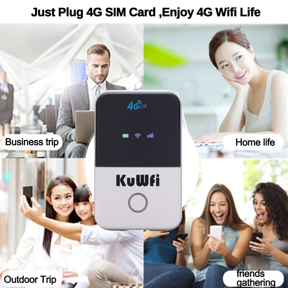 KuWfi Router seluler Mini 4G LTE nirkabel, Modem sinyal wifi portabel, Router 4G bawaan 2100mAh Slot kartu SIM Baterai