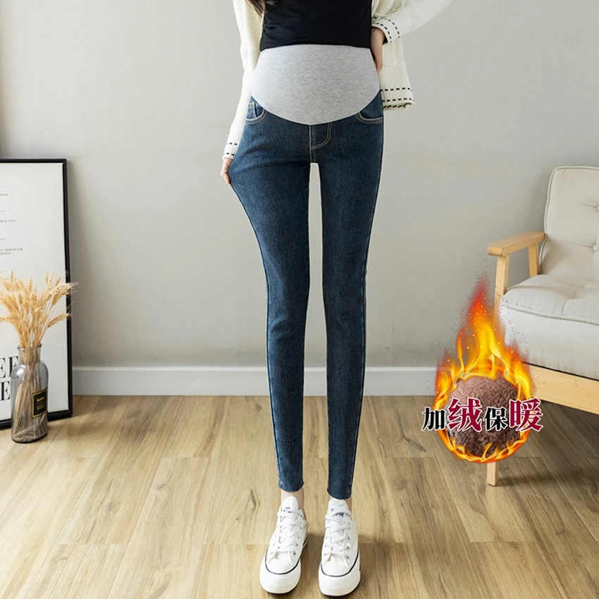 Pregnant women plus velvet jeans winter thickened stomach lift pants warm pencil pants outer wear tide mom casual pants