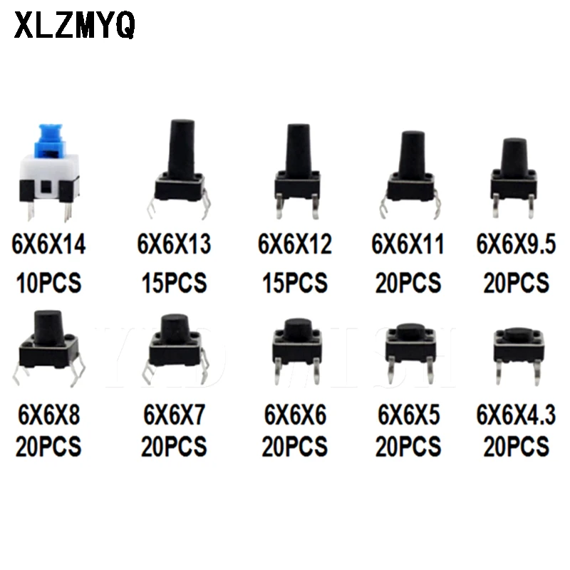 180PCS 10 Type 6*6 Light Micro Touch Switch Set Push Button Switch Kit Assortment Set  6x6 Keys Tact ON/OFF Diy Electronic Pack