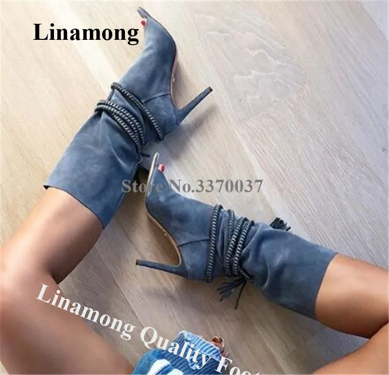 

Linamong Fashion Peep Toe Suede Leather Stiletto Heel Mid-calf Gladiator Boots Rope Cross Long High Heel Boots Dress Shoes