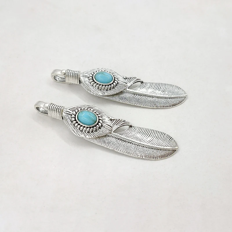 New Fashion 2pcs/bag 65*15MM Big Hole Retro Zinc Alloy Feather Charms Pendant for DIY Jewelry Accessories Gifts