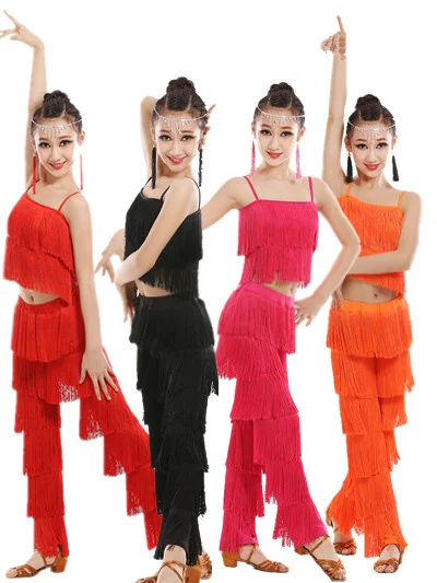 Latin Dance Dress For Kids Girls Adult Ballroom Tassel Fringe Tops Pants Salsa Samba Costume Children Dance Competition Costume