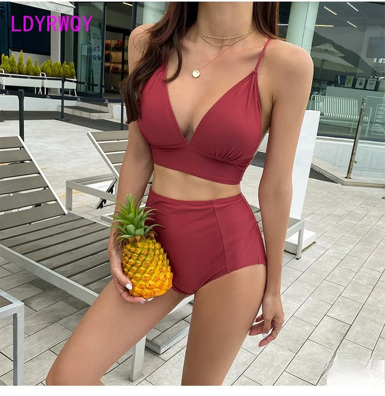 LDYRWQY 2021 new Japanese and Korean solid color high waist sexy big breasts gather strappy bikini swimsuit two-piece suit