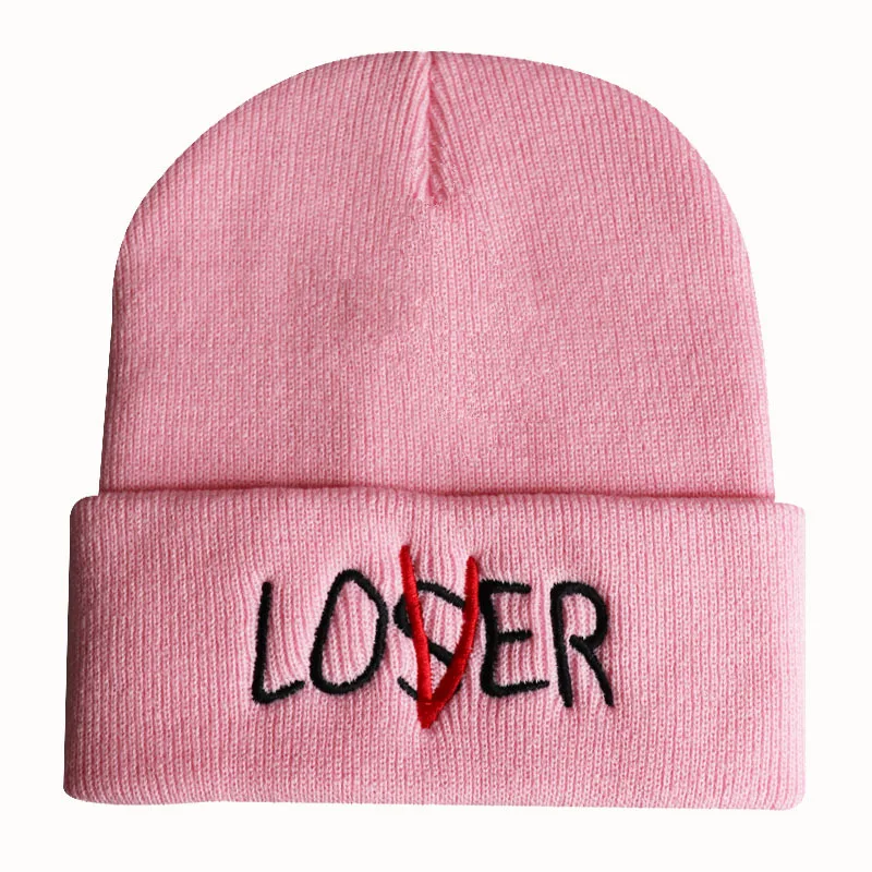 Creative Winter Cold Weather Pink Red Acrylic Knitted Loser Lover Word Letter Embroidery Knit Couple Lovers Gift Beanie Cap Hat