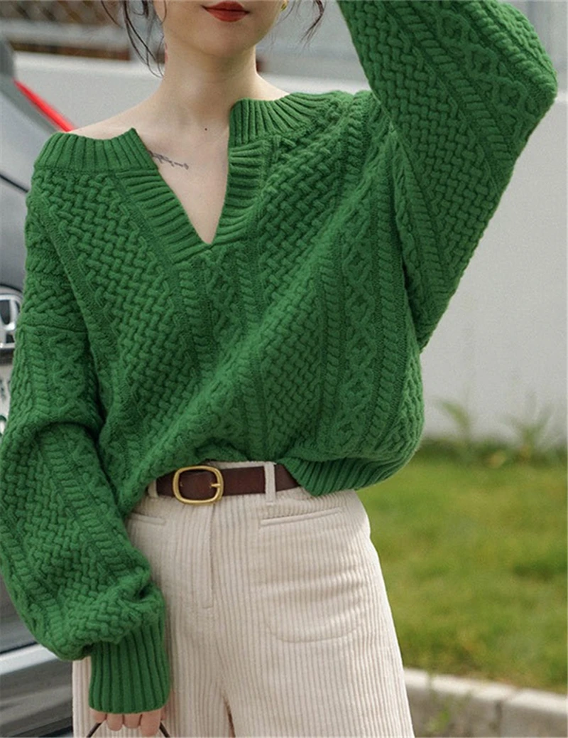 

LMQ NEW 2020 Winter Women V-Neck Sexy Solid Sweater Jumpers Knitted Long Sleeve Female Casual Minimalist Loose Tops Pullover