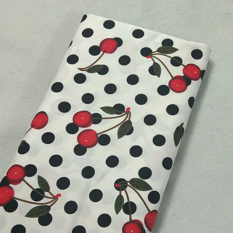 50x140cm Red Cherry Black Polka Dot Printed Cotton Spandex Fabric Elastic Fabric Stretchable Fabric Patchwork Dress Cloth Home