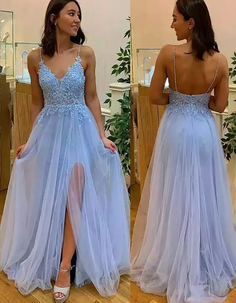 

Slit Tulle Prom Dress Beading Spaghetti Strap A Line Backless Lace Appliqued Formal Party Gown