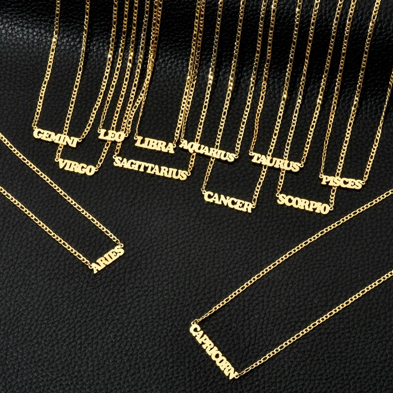 12 Zodiac Constellations Pendants Necklaces For Women Men Gold Color Figaro Chain Letter Fashion Jewelry Birthday Gifts