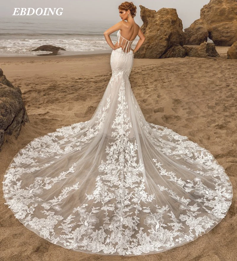 Abito da sposa sirena pizzo scollo a v profondo scollo per sposa Appliques di pizzo Plus Size con alette staccabili abiti da sposa