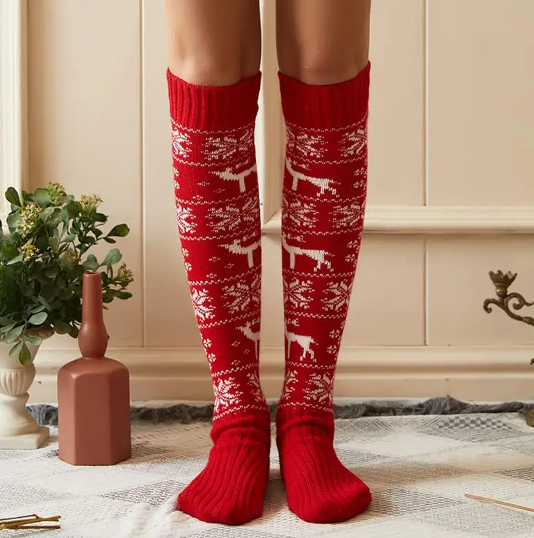 

Xmas Socks Women Christmas Knitted Thigh High Stockings Soft Cozy Elk Snowflake Over Knee Boot Hosiery 10pairs