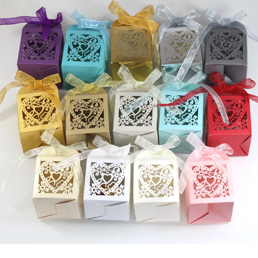 5X5X8CM  Laser Cut  Hollow Heart Gift Candy Chocolate Boxes With Ribbon For Wedding Birthday Party Favors,50Pcs