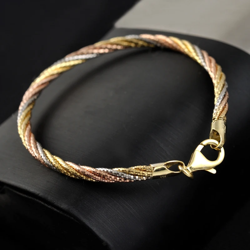 

925 Sterling Silver Italian Handmade 5-Strand 3.6mm Braided Link Chain Three Color Five Thread Bracelets Bangle Women Jewelry