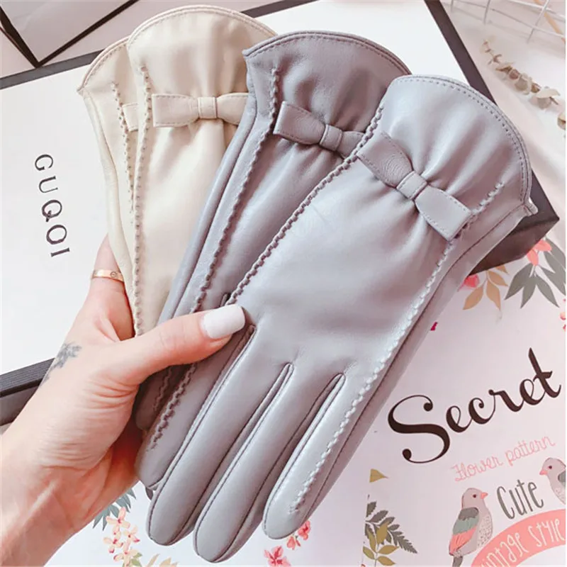 Sheepskin Gloves Female Autumn Winter Touch Screen Cute Bowknot Plus Velvet Thermal Driving Locomotive Real Leather Gloves 1205