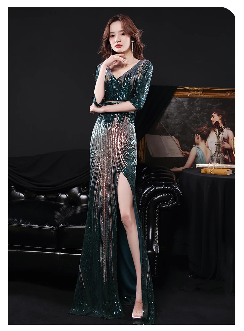 Evening Dress Women New Elegant V Neck Sequined Slit Mermaid Dress Luxury Half Sleeve Slim Banquet Party Gowns Vestidos