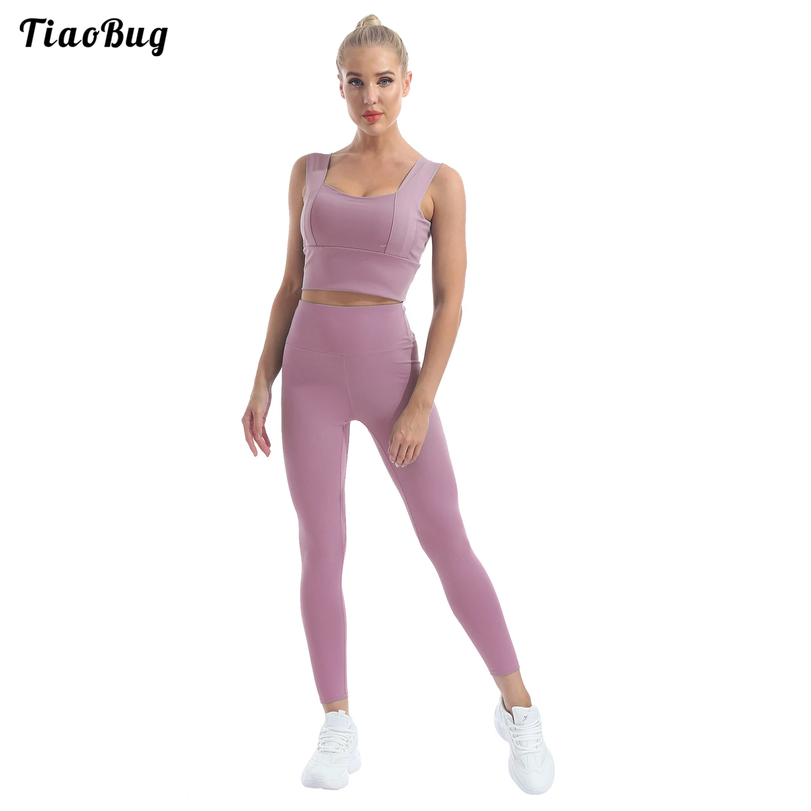 Women Pure Color 2Pcs Yoga Suit Strap Sleeveless Removable Pads Without Rims Sport Bras And High Waist Pants Set For Running Gym