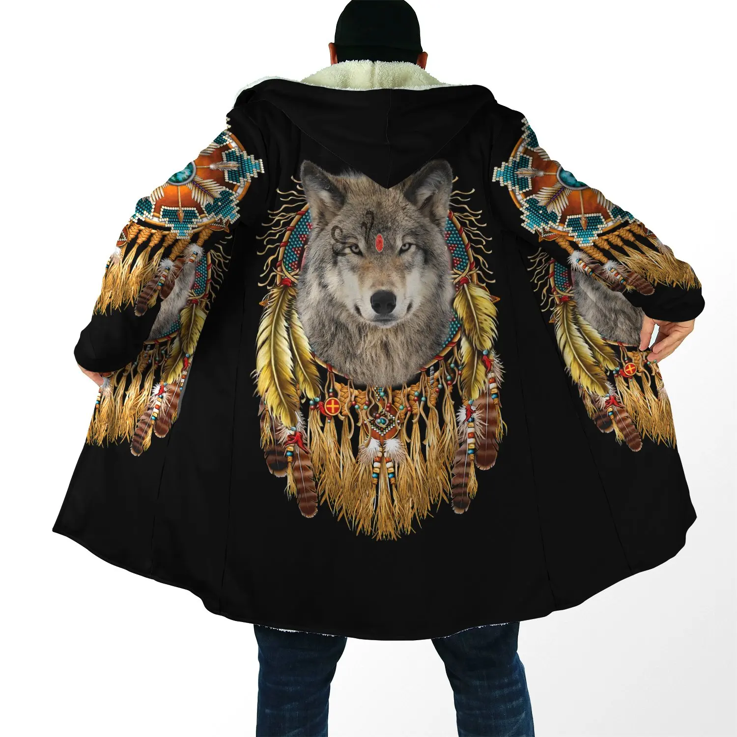 2021 Winter Mens cloak Beautiful Tribal Native Wolf 3D full Printing Thick Fleece Hooded Coat Unisex Casual Warm Cape coat DP15