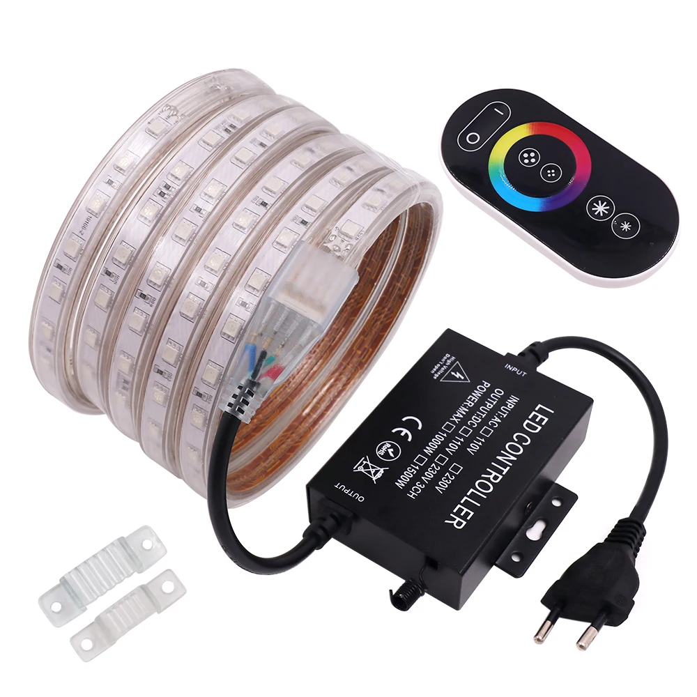 

5050 RGB LED Strip Light 220V 60LED/M RF Touch Remote Control Waterproof 1500W Controller LED Tape Ribbon Light Home Decoration