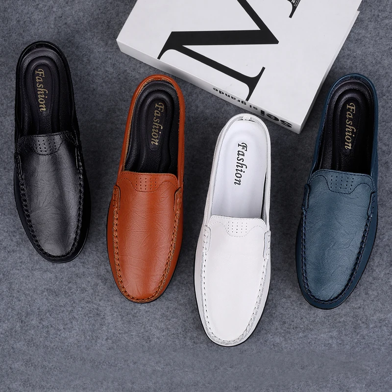 Luxury Designer Mules Men\'s Slippers Genuine Leather Loafers Men Moccasins Summer Man Casual Shoes Fashion Half Shoes For Men