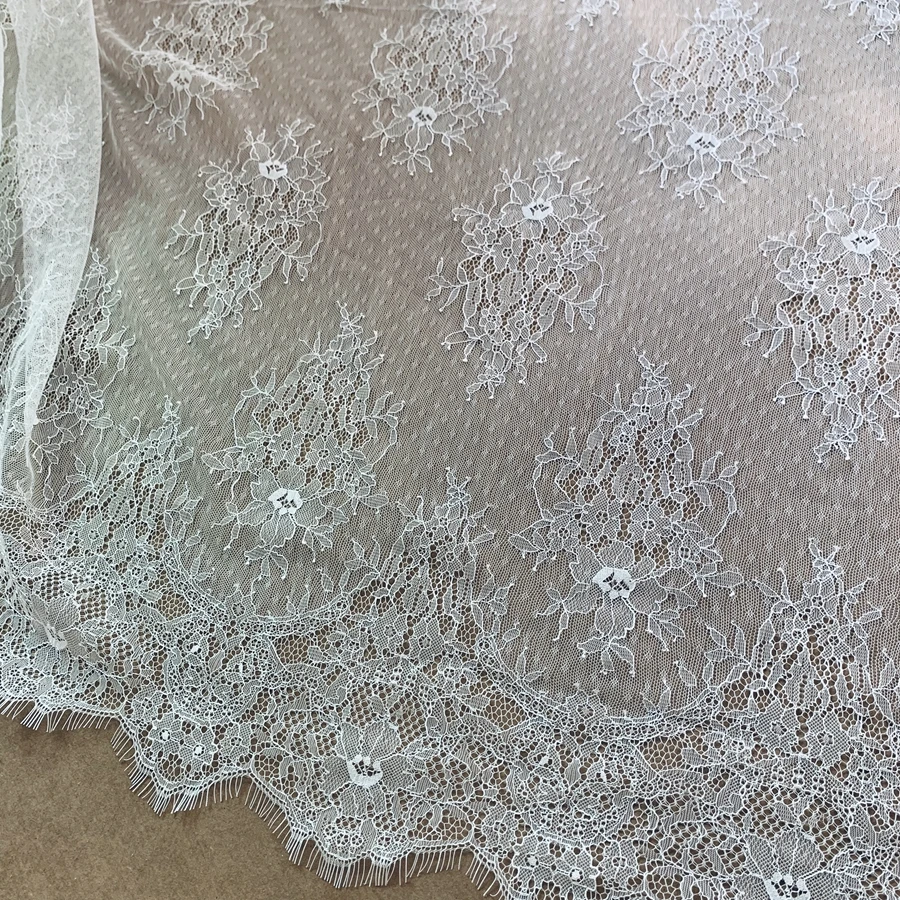 110x300CM Per Piece Subtle Eyelash Lace Fabric Ivory Shade Dots Design Chantilly Lace 3 Meters Long