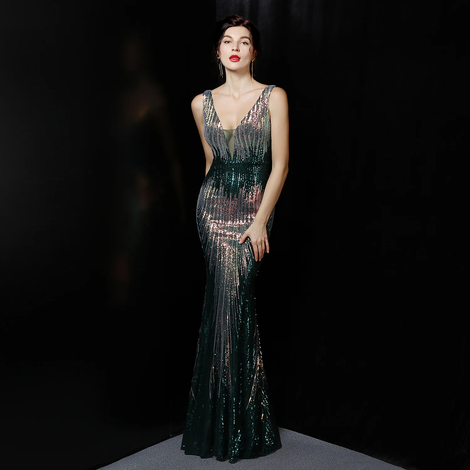 Robe de soirée blanche longue à paillettes, col en v, sans manches, Sexy, nouveauté, 2022, RU38