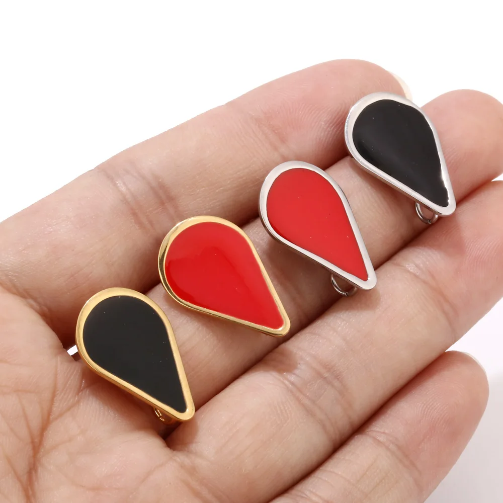 6pcs 스테인레스 스틸 귀걸이 포스트/루프 커넥터 22x14mm 에나멜 블랙/레드 워터 드롭 기본 공백 귀 스터드 귀걸이 결과 DIY