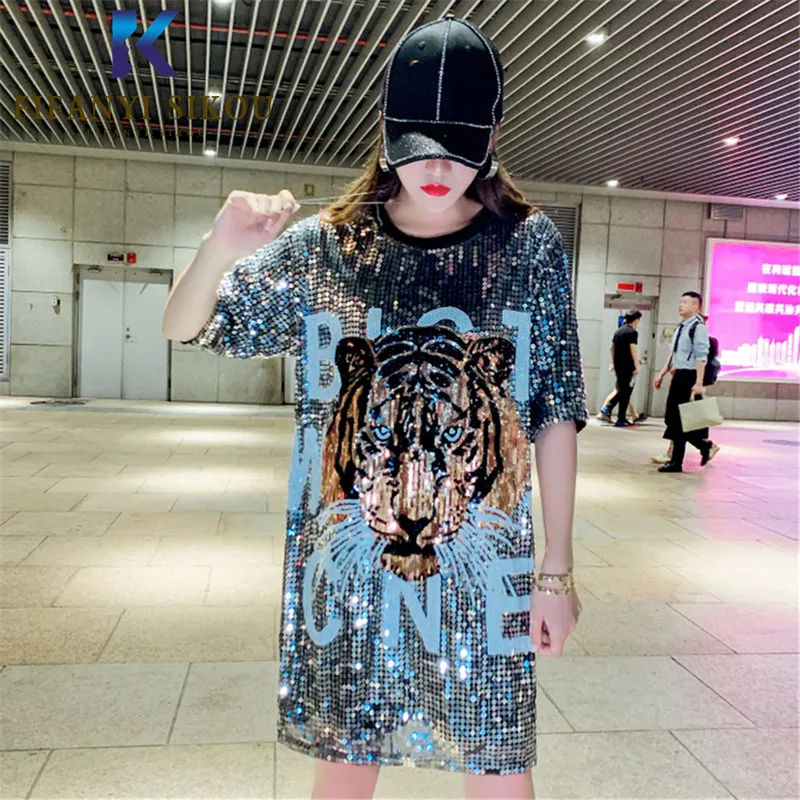 

Letter Sequined T-Shirt Women 2022 Summer Short Sleeve O-Neck Long T Shirt Streetwear Loose Tees Fashion Casual Tops Female