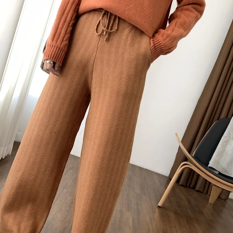 New autumn and winter thick wool straight leg pants women drawstring loose knit high waist wide leg pants cashmere casual pants