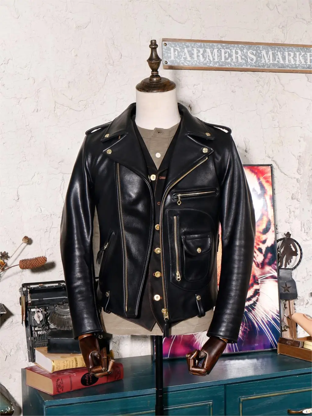 Italy Import Full-Grain First Layer Calf Leather Genuine Leather Clothes J24 Cable-Stayed Biker Jacket