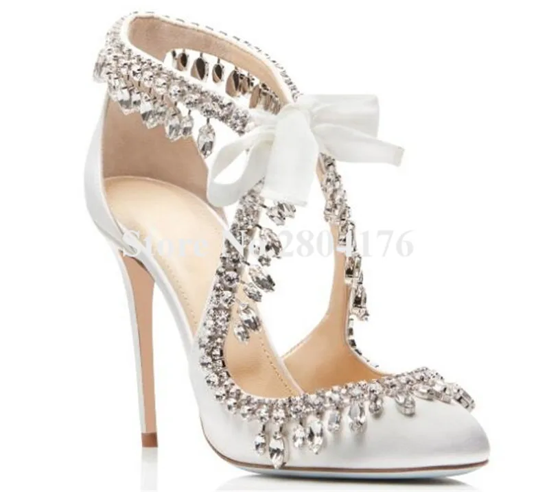 

Bling Bling Rhinestone White Stiletto Heel Pumps Straps Cross Diamonds Pointed Toe Crystal High Heels Wedding Dress Shoes