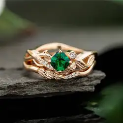 Huitan Romantic Irregular Plant Rings With Gepmetric Green Cubic Zircon Stone Fresh Leaves Band Design Engagement Rings Hot