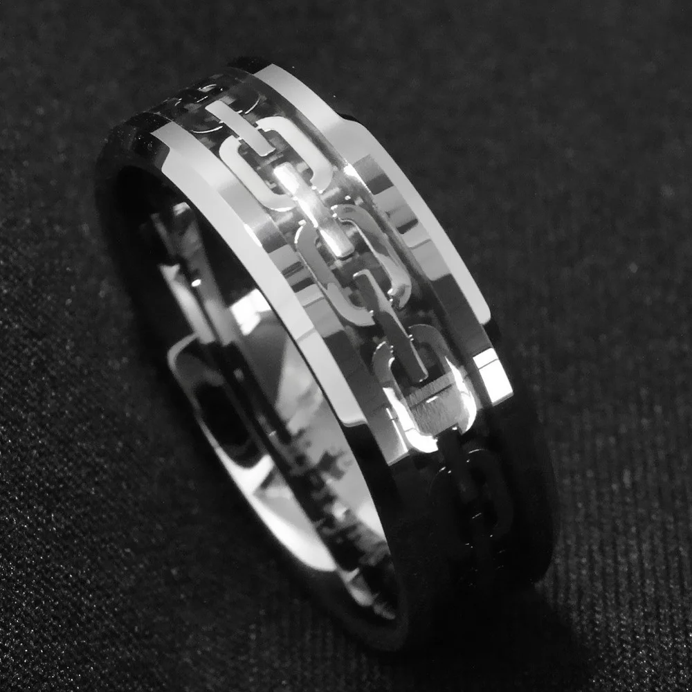 8mm Men Rings Tungsten Carbide Ring Silver Color Chain Center Anniversary Wedding Band Men Fashion Jewelry