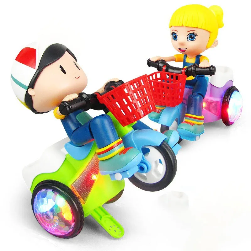 1Pcs Fashion Doll Stunt Tricycle 360 Degree Rotation Electric Toys Creative Lighting Music Dancing Figures Toy