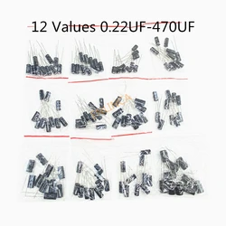120pcs 12 values 0.22UF-470UF Aluminum electrolytic capacitor assortment kit set pack 16v 50v 0.22uf 0.47uf 1uf 2.2uf 4.7uf 22uf