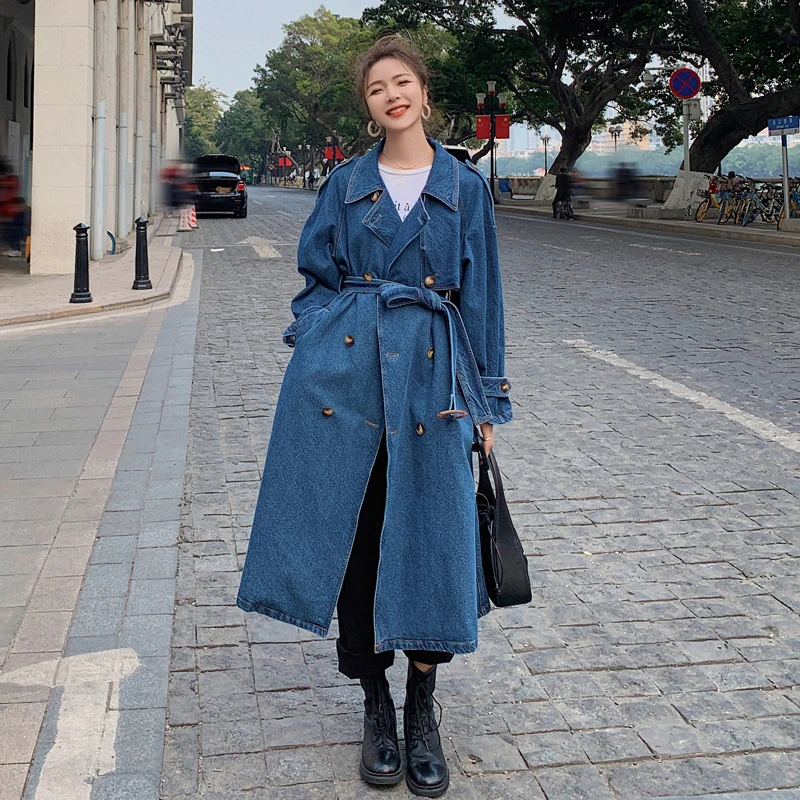 

Brand Pop Elegant Long Women Denim Trench Coat Double-Breasted with Belt Lady Duster Coat Female Cloak Spring Autumn Clothes