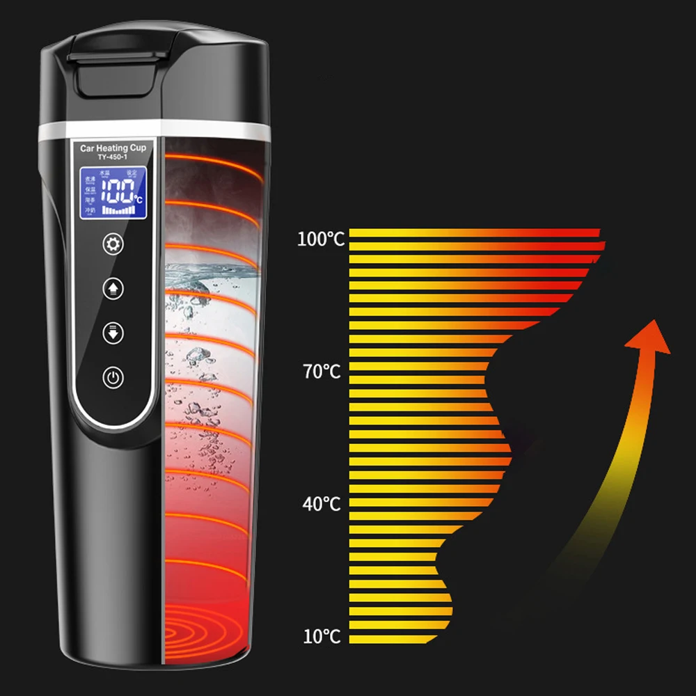 

450ml Advanced 12/24V Car Electric Heated Mug Water Kettle Heat Preservation Household Heated Thermo LCD Display Heater For Auto