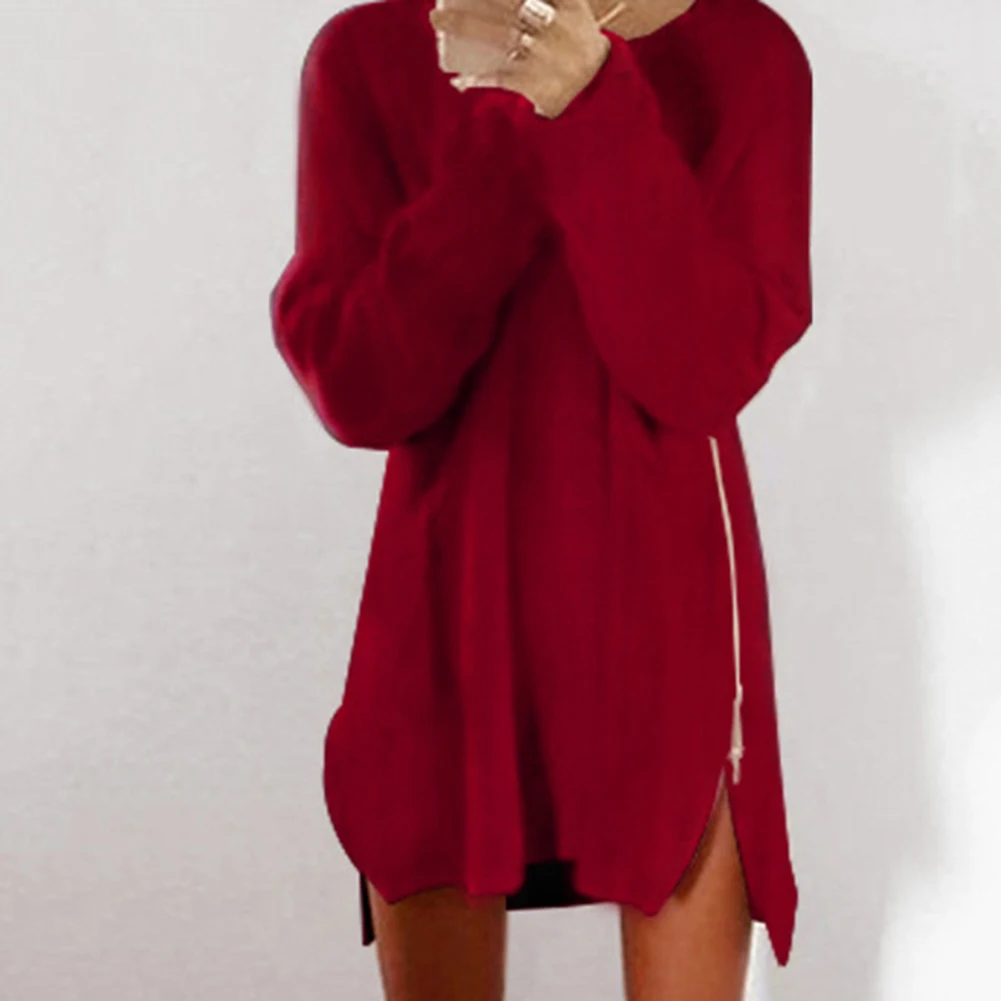 Women Sweaters Dress Winter Pullover Solid Color O Neck Sideway Zip Loose Casual Knitted Mini Dress свитер женский pull femme