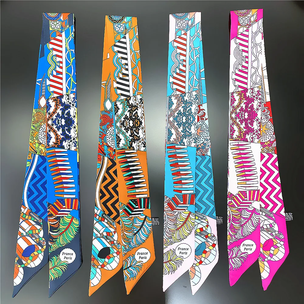 Luxury Summer Fashion New Plant Flowers Ladies Decoration Twill Long Strip Silk Scarf Narrow Belt Streamer Tie Bag Small Scarf