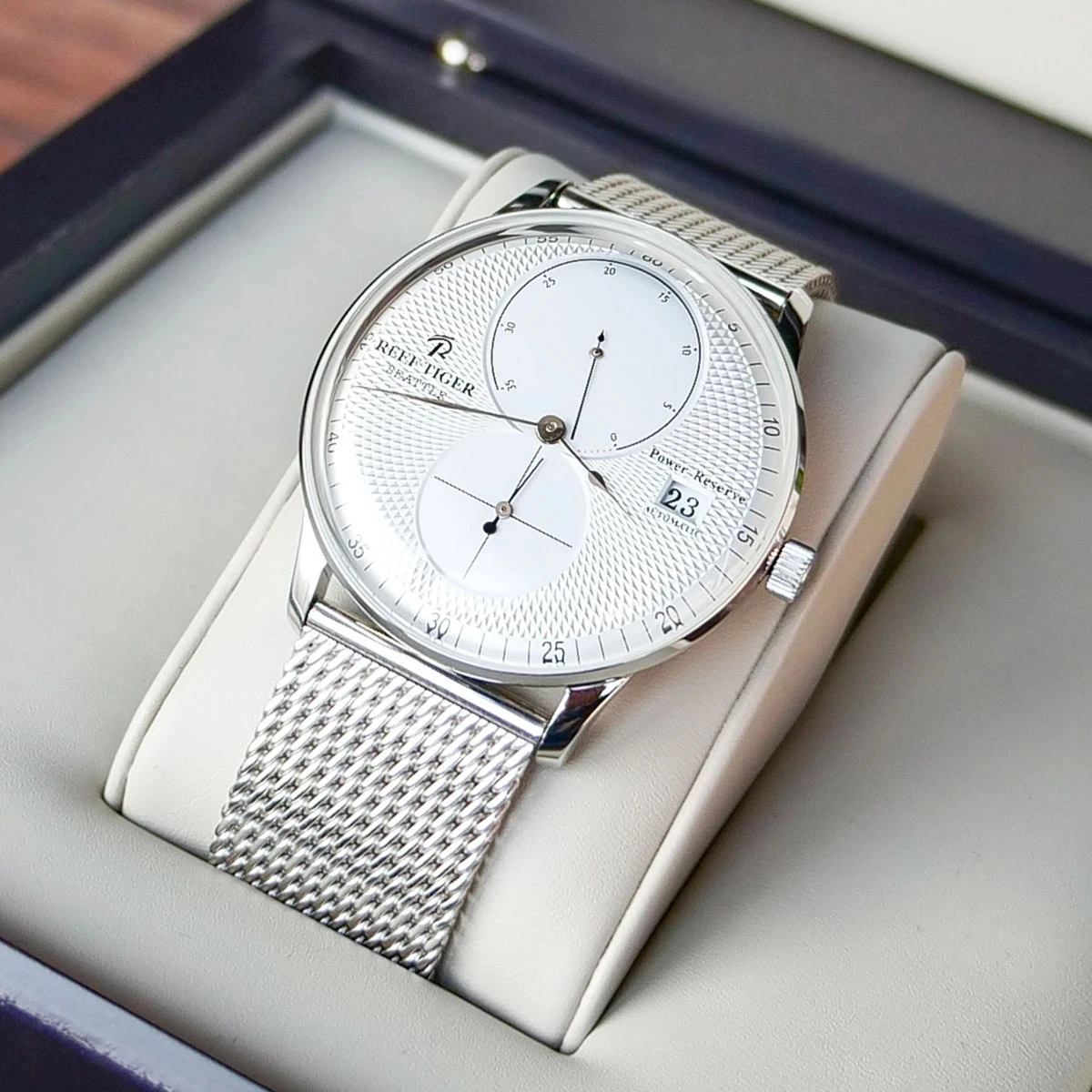 Reef Tiger/RT New Fashion Business Men Watches Waterproof Stainless Steel Mesh Steel Band Date Power Reservce Mechanical Watches