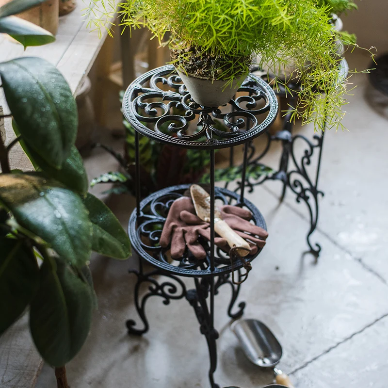 Cast Iron Flower Pot Rack Shelf, Classical Pattern Decoration, Ornaments, Grocery Outdoor Garden Flower Stand