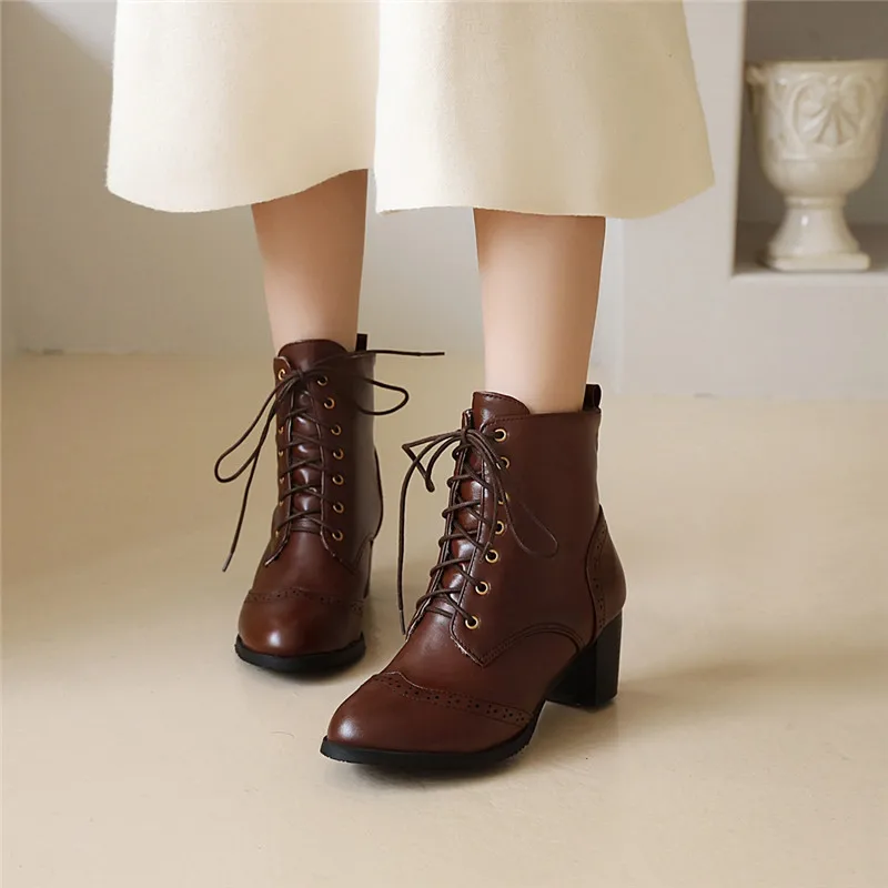 YMECHIC 2022 Fashion Brogue Carved Brown Balck White Lace Up High Heel Combat Biker Ankle Boots for Women Booties Woman Shoes 43