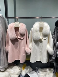 Women Autumn Double Side Woolen Fox Fur Collar and Cuff Decoration Woolen Oversize Loose Girl's Woolen Coat