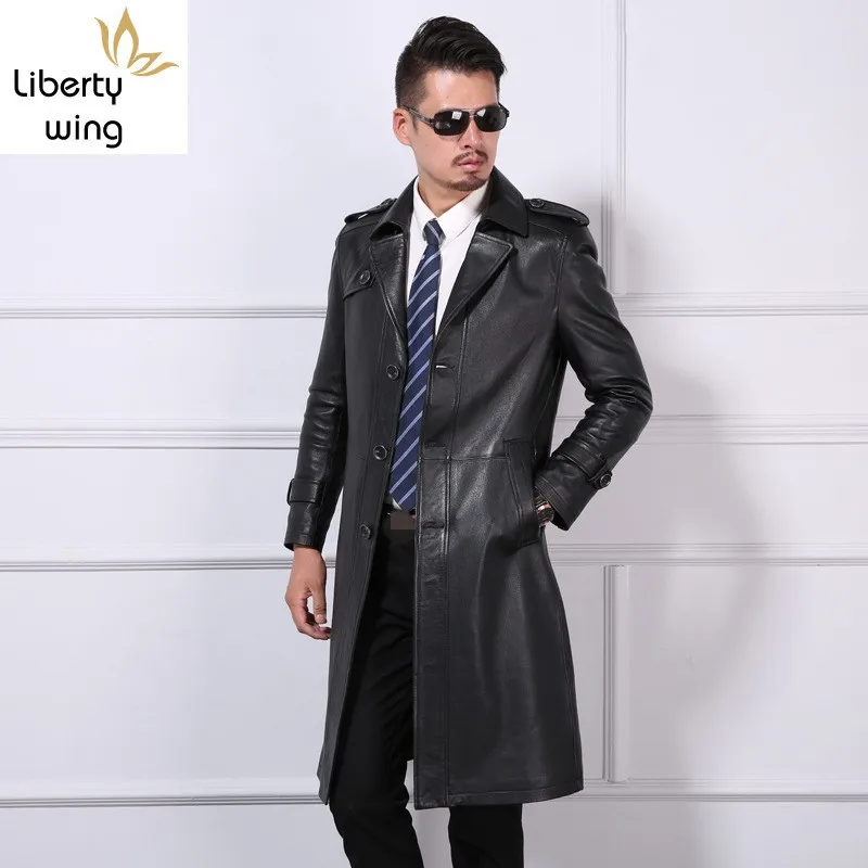 High Quality Luxury Mens Genuine Leather Coat Fashion Solid Lapel Collar Outerwear Male Autumn Long Sheepskin Jacket Plus Size