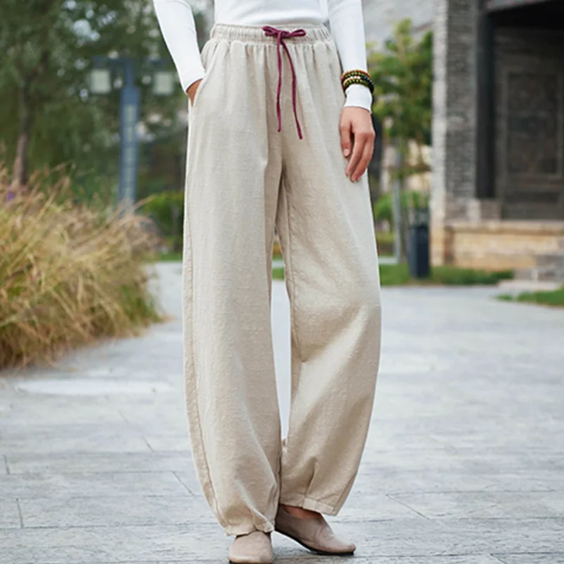 

Wide Leg Harem Pants Trousers Chinese Style Streetwear Women Ethnic Vintage Elastic Waist Loose Long Cotton Linen Slacks