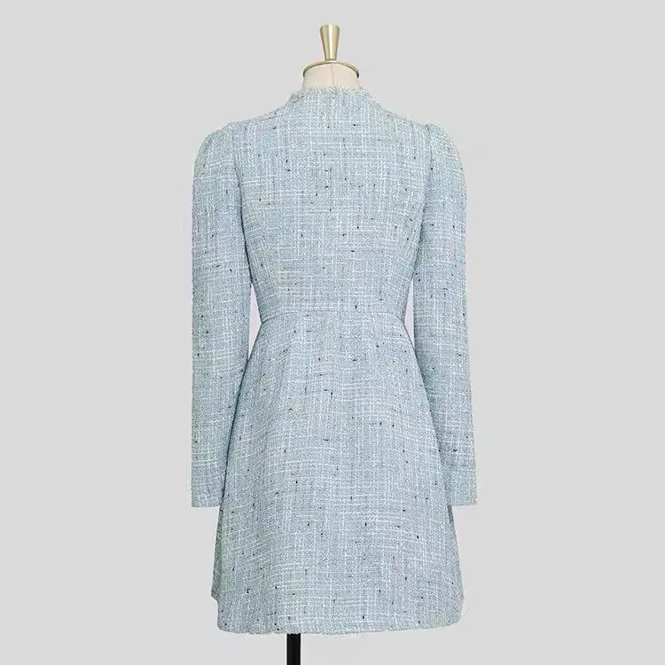 Abiti eleganti di alta moda per donna autunno inverno cielo blu Tweed manica lunga abito da donna abiti abito femminile Vestido SL107