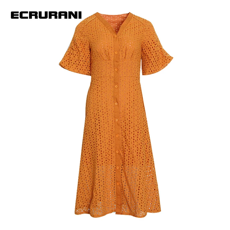 

ECRURANI Orange Casual Dress For Women V Neck Puff Half Sleeve High Waist Hollow Out Solid Dresses Females Summer 2022 New Style