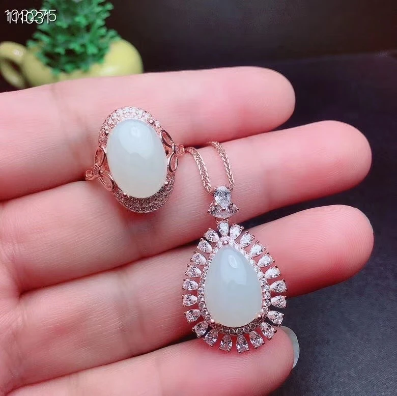 

KJJEAXCMY fine jewelry natural White jade 925 sterling silver women pendant necklace chain ring set support test lovely