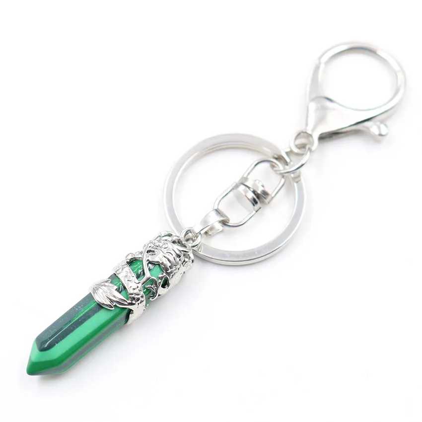 Silver Plated Lobster Clasp Circle Chinese Dragon Wrap Hexagon Column Malachite Stone Key Chain Amethysts Crystal Jewelry