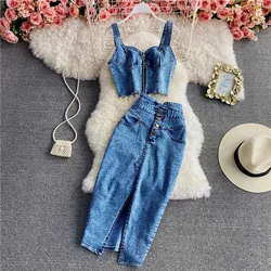 Amolapha Women Summer Denim Clothes Sets Strapless Strap Cowboy Camisole Tops+High Waist Split Jeans Mid-Length Skirts Suits